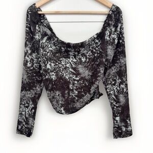 Open Edit Long Sleeve Cropped Top Brown Abstract Off Shoulder Ruched Boho Sz XS